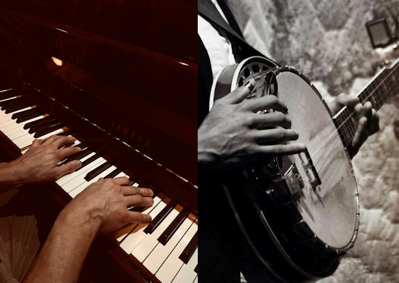 Split image of Kirk Bowman playing banjo and piano